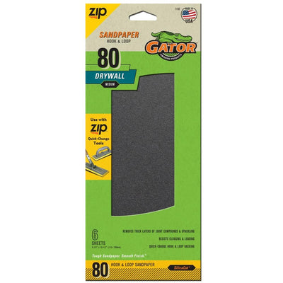 Gator Hook and Loop Drywall Sandpaper Medium 80-Grit Sheet Sandpaper 4.5-in W x 10.5-in L 6-Pack