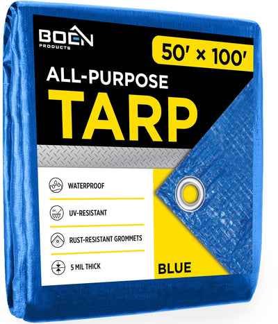 BOEN 100-ft x 50-ft Blue Waterproof Commercial Polyethylene 5-mil Tarp