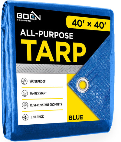 BOEN 40-ft x 40-ft Blue Waterproof Commercial Polyethylene 5-mil Tarp