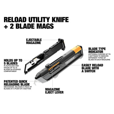 TOUGHBUILT Reload Utility Knife with 2 Mags 3/4-in 10-Blade Retractable Utility Knife with On Tool Blade Storage