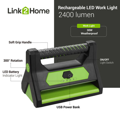 LINK2HOME 2400-Lumen LED Battery-operated Rechargeable Portable Work Light