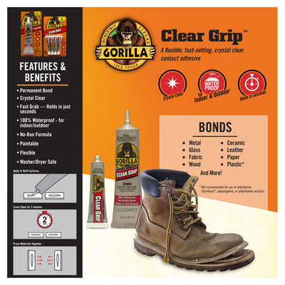 Gorilla Clear Grip 3-fl oz Liquid Bonding Waterproof, Quick Dry, Flexible Multipurpose Adhesive