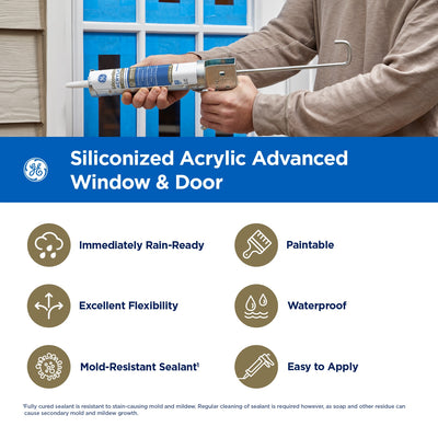 GE Advanced Siliconized Acrylic Windows, Doors, Ext 10.1-oz White Paintable Latex Caulk