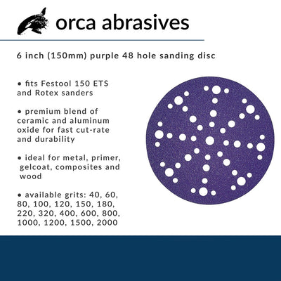 orca abrasives 6 Inch  Hook and Loop Purple Sanding Discs 180 Grit 25 Pack