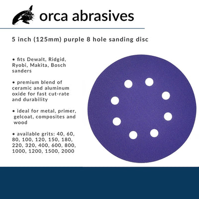 orca abrasives 5 Inch  Hook and Loop Purple Sanding Discs 8 Holes 120 Grit 25 Pack