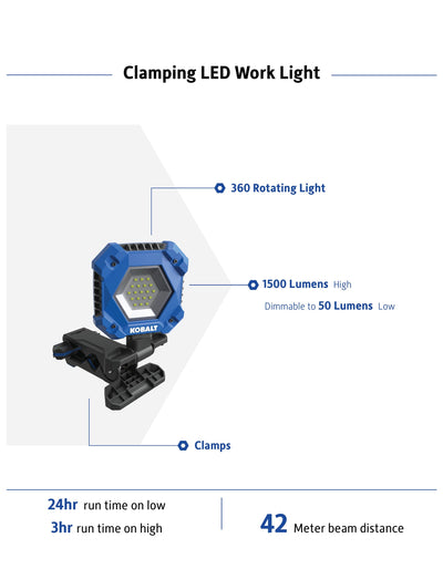 Kobalt 1500-Lumen LED Battery-operated Rechargeable Clamped Work Light (2-Batteries Included)