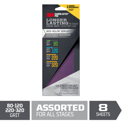 3M SandBlaster Pro Multi-grade Pack-Grit Sheet Sandpaper 3-in W x 9-in L 8-Pack