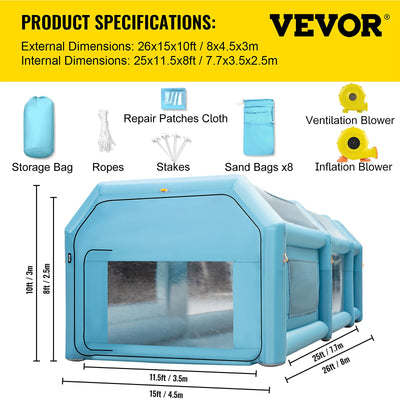 VEVOR 120-in x 180-in 26 x 15 FT Inflatable Paint Booth Plastic Inflatable Paint Booth